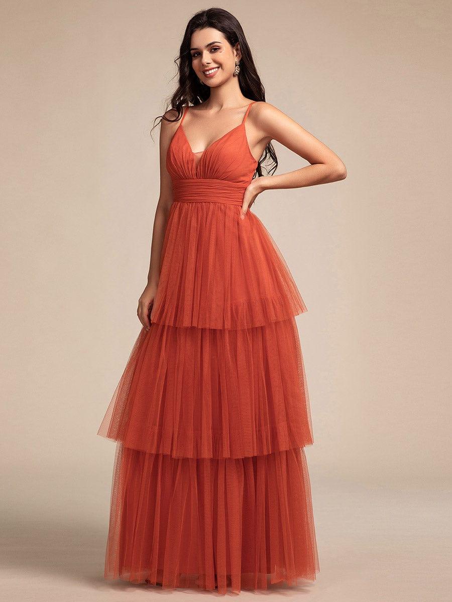 Robe longue de demoiselle d'honneur à bretelles spaghetti à plusieurs niveaux #Couleur_Orange Brûlée