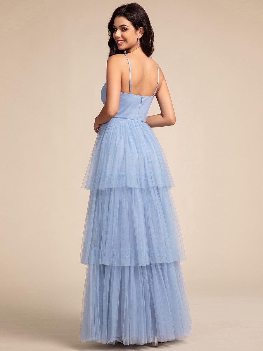 Robe longue de demoiselle d'honneur à bretelles spaghetti à plusieurs niveaux #Couleur_Bleu Clair
