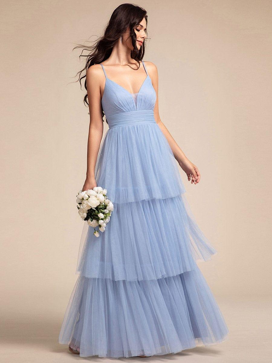 Robe longue de demoiselle d'honneur à bretelles spaghetti à plusieurs niveaux #Couleur_Bleu Clair