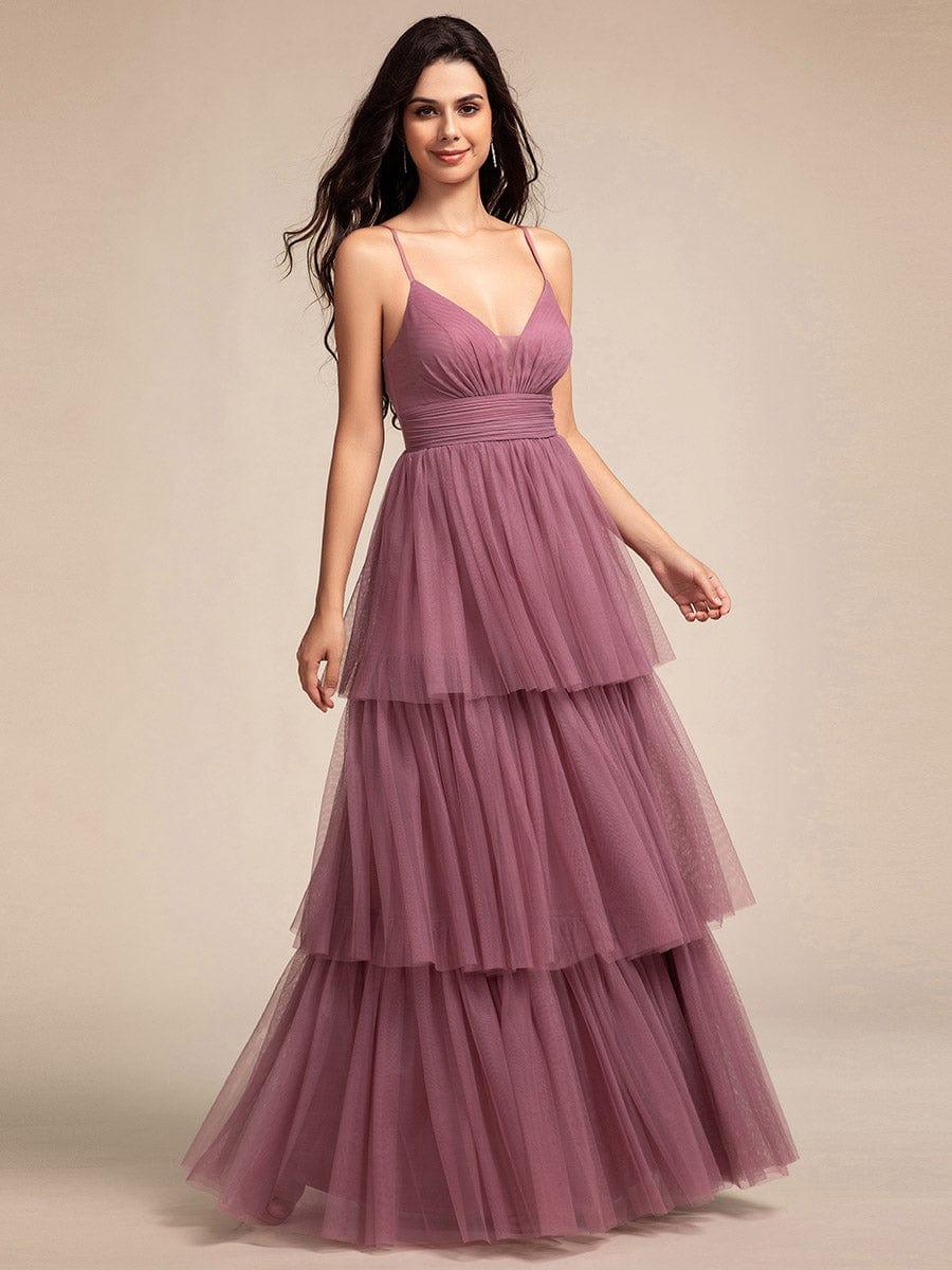 Robe longue de demoiselle d'honneur à bretelles spaghetti à plusieurs niveaux #Couleur_Orchidee