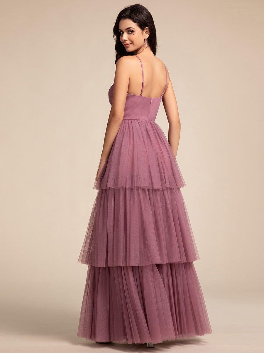 Robe longue de demoiselle d'honneur à bretelles spaghetti à plusieurs niveaux #Couleur_Orchidee