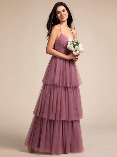 Robe longue de demoiselle d'honneur à bretelles spaghetti à plusieurs niveaux