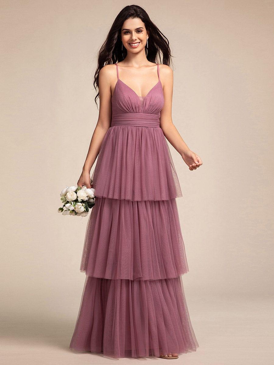 Robe longue de demoiselle d'honneur à bretelles spaghetti à plusieurs niveaux #Couleur_Orchidee