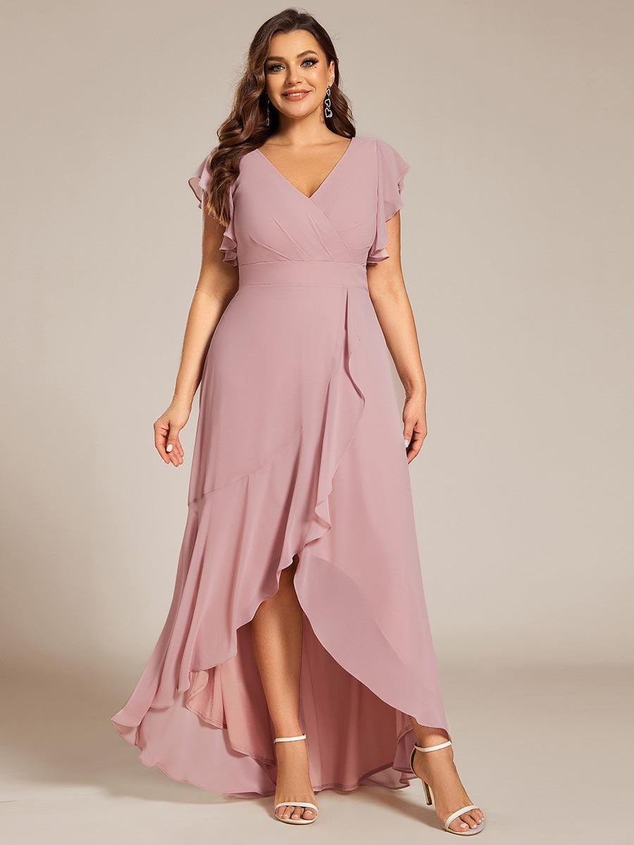 Robe de demoiselle d'honneur élégante en mousseline à volants avec dos nu #Couleur_Rose fumee