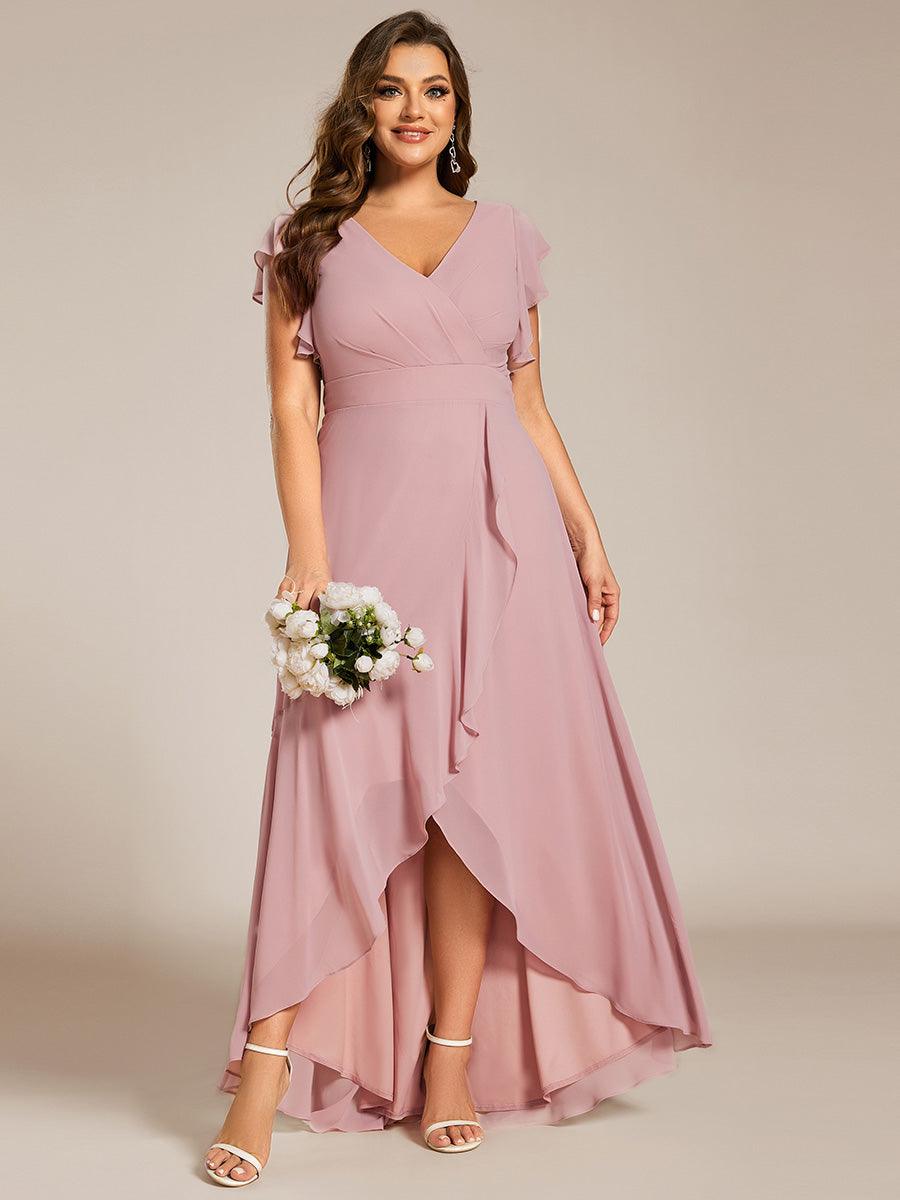 Robe de demoiselle d'honneur élégante en mousseline à volants avec dos nu #Couleur_Rose fumee