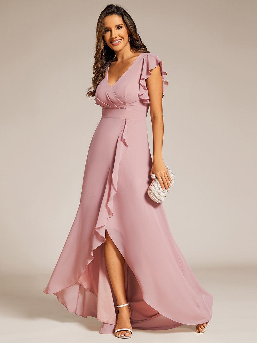 Robe de demoiselle d'honneur élégante en mousseline à volants avec dos nu #Couleur_Rose fumee