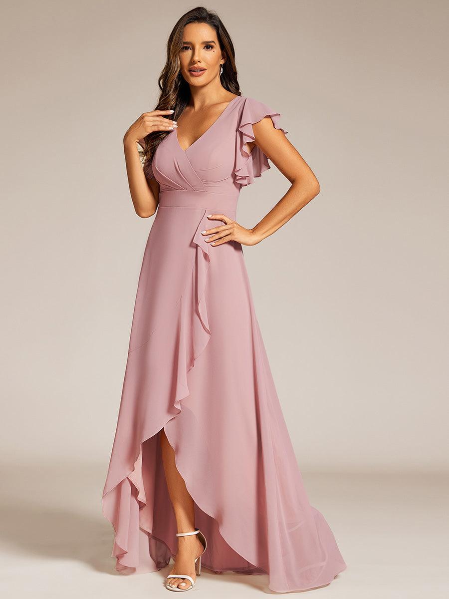 Robe de demoiselle d'honneur élégante en mousseline à volants avec dos nu #Couleur_Rose fumee