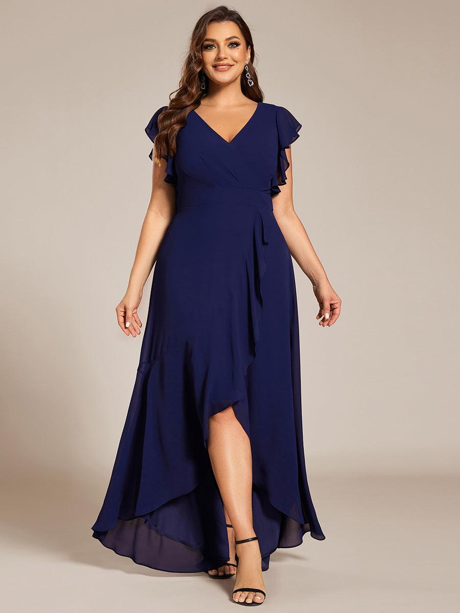 Robe de demoiselle d'honneur élégante en mousseline à volants avec dos nu #Couleur_Bleu Marine