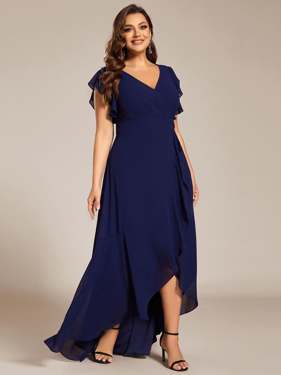 Robe de demoiselle d'honneur élégante en mousseline à volants avec dos nu #Couleur_Bleu Marine