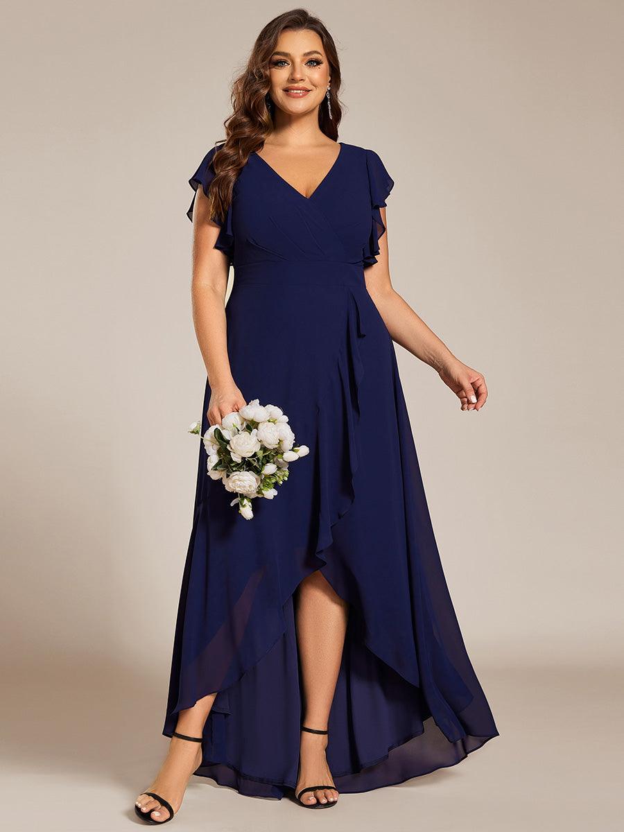 Robe de demoiselle d'honneur élégante en mousseline à volants avec dos nu #Couleur_Bleu Marine