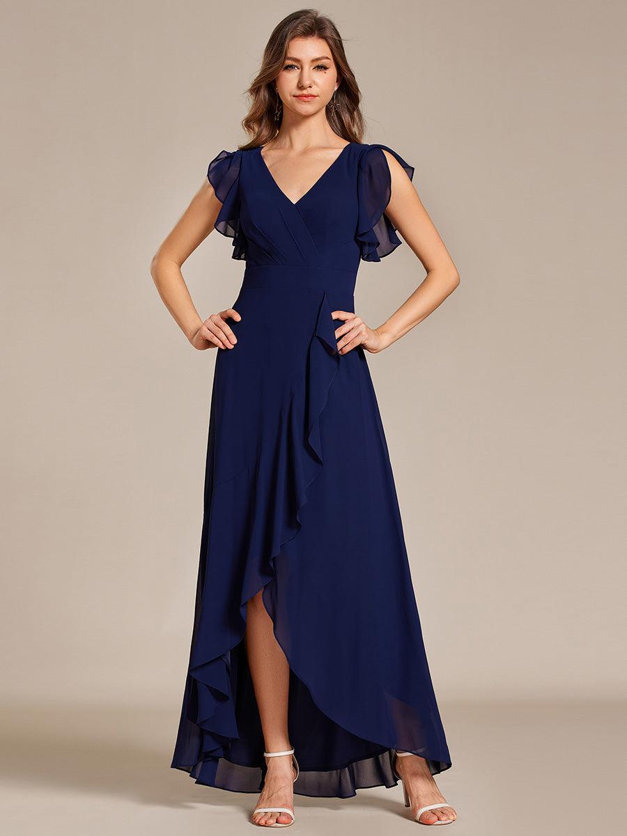 Robe de demoiselle d'honneur élégante en mousseline à volants avec dos nu #Couleur_Bleu Marine