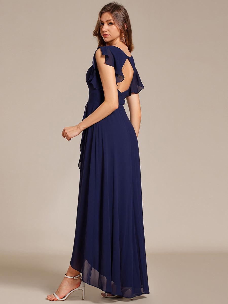 Robe de demoiselle d'honneur élégante en mousseline à volants avec dos nu #Couleur_Bleu Marine