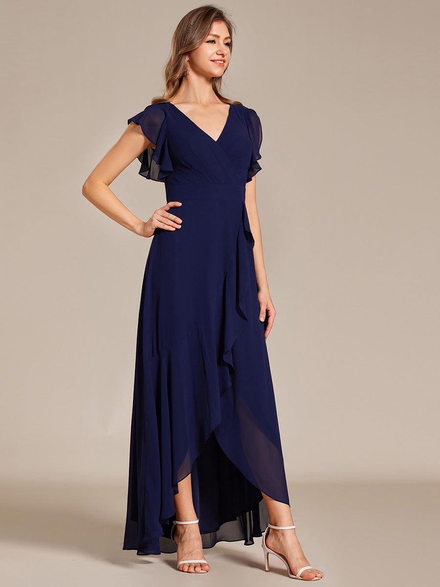 Robe de demoiselle d'honneur élégante en mousseline à volants avec dos nu #Couleur_Bleu Marine
