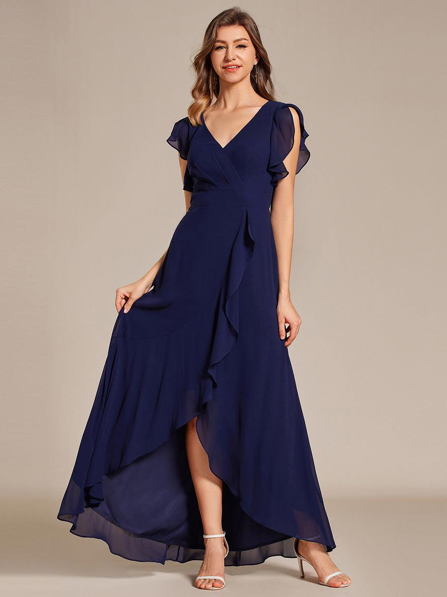 Robe de demoiselle d'honneur élégante en mousseline à volants avec dos nu #Couleur_Bleu Marine