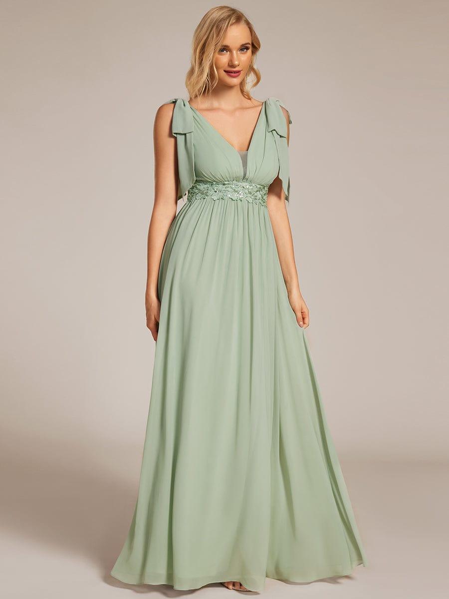 Robe longue de demoiselle d'honneur à taille empire avec nœud sur les épaules #Couleur_Menthe Verte