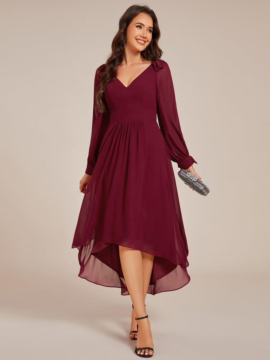 Robe de demoiselle d'honneur mi-longue en mousseline à ourlet asymétrique #Couleur_Bordeaux