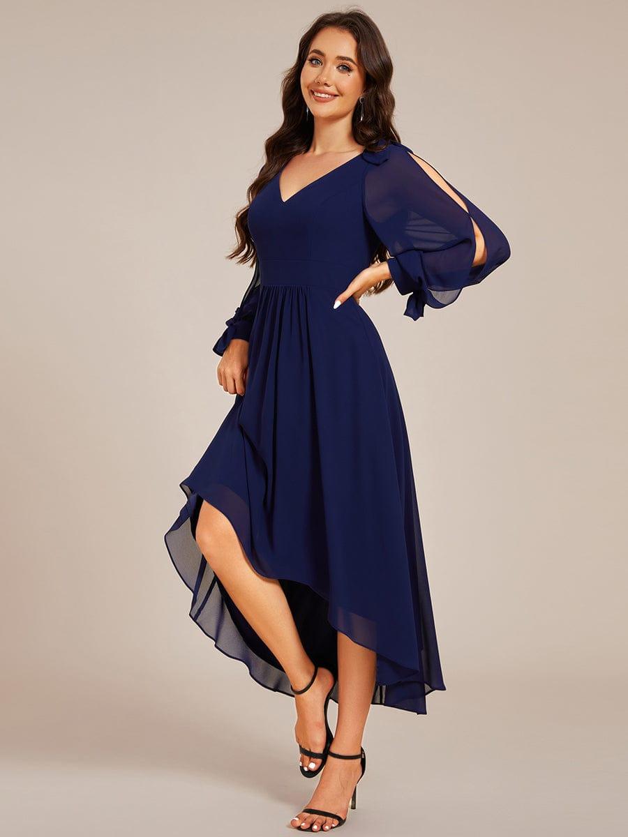 Robe de demoiselle d'honneur mi-longue en mousseline à ourlet asymétrique #Couleur_Bleu Marine