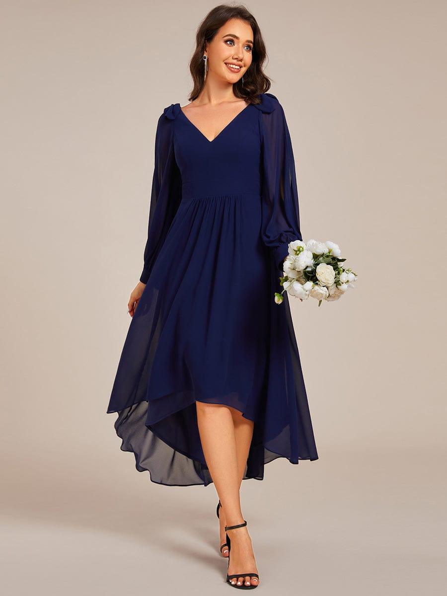 Robe de demoiselle d'honneur mi-longue en mousseline à ourlet asymétrique #Couleur_Bleu Marine