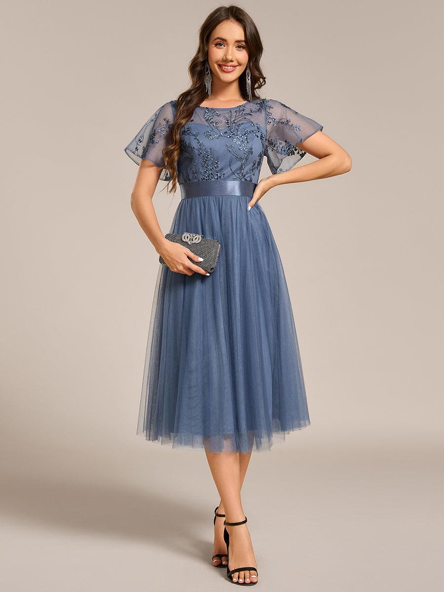 Robe d'invité mi-longue en résille à manches courtes #Couleur_ #Couleur_Marine Fume