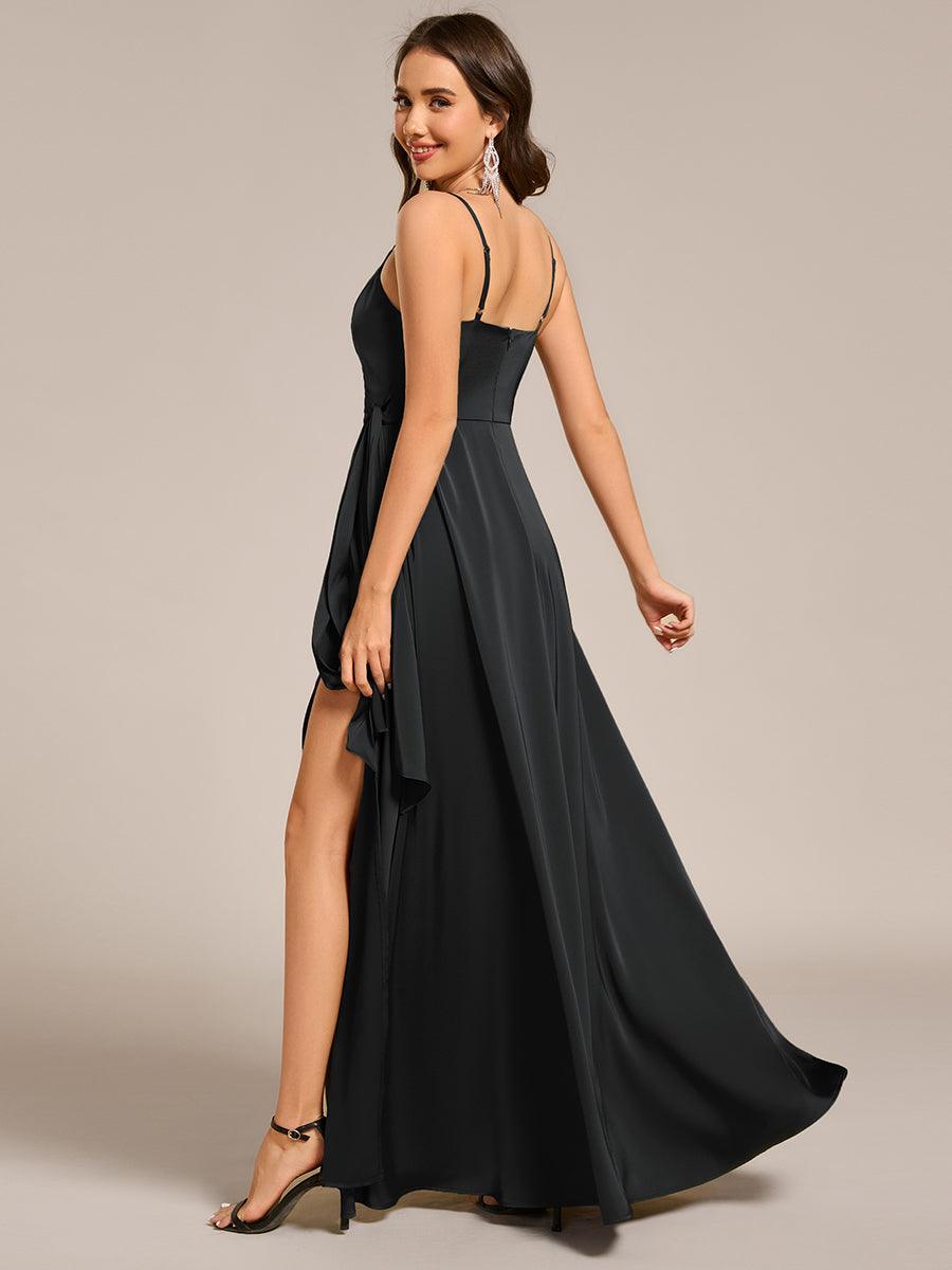 Robe de demoiselle d'honneur fendue en satin à bretelles #Couleur_Noir