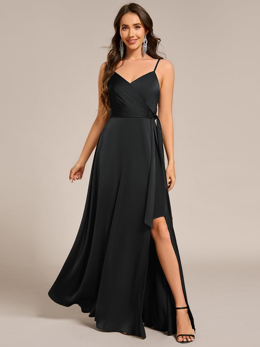 Robe de demoiselle d'honneur fendue en satin à bretelles #Couleur_Noir