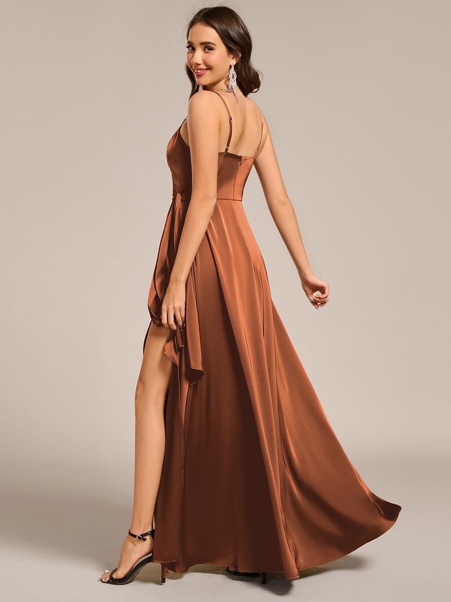 Robe de demoiselle d'honneur fendue en satin à bretelles #Couleur_Brun