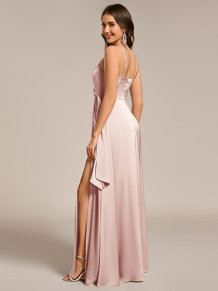 Robe de demoiselle d'honneur fendue en satin à bretelles #Couleur_Rose