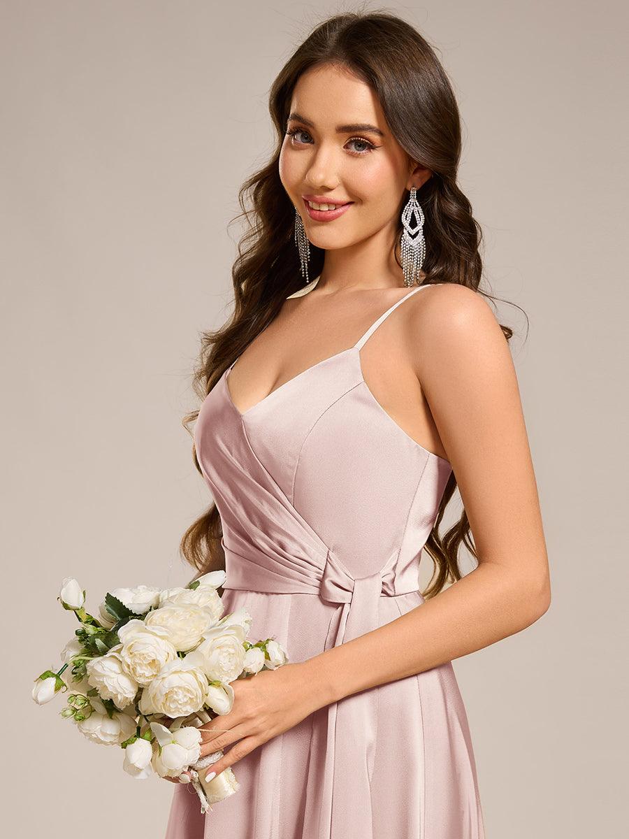 Robe de demoiselle d'honneur fendue en satin à bretelles #Couleur_Rose