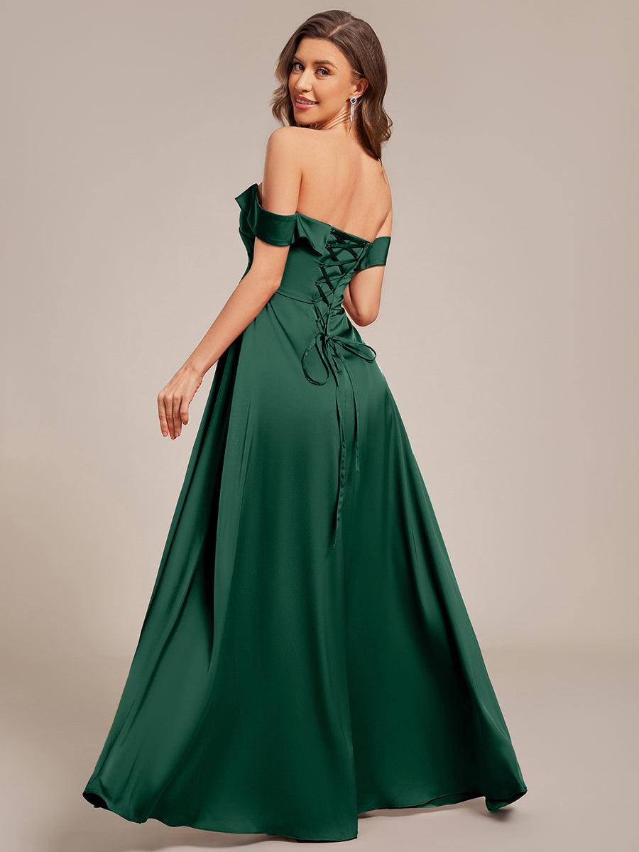 Robe de demoiselle d'honneur en satin à épaules dénudées et à lacets dans le dos #Couleur_Vert Fonce