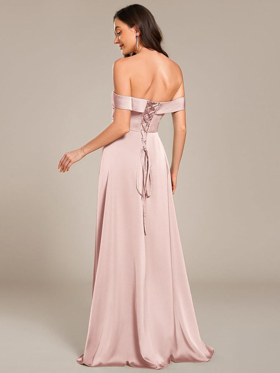 Robe de demoiselle d'honneur en satin à épaules dénudées et à lacets dans le dos #Couleur_Rose