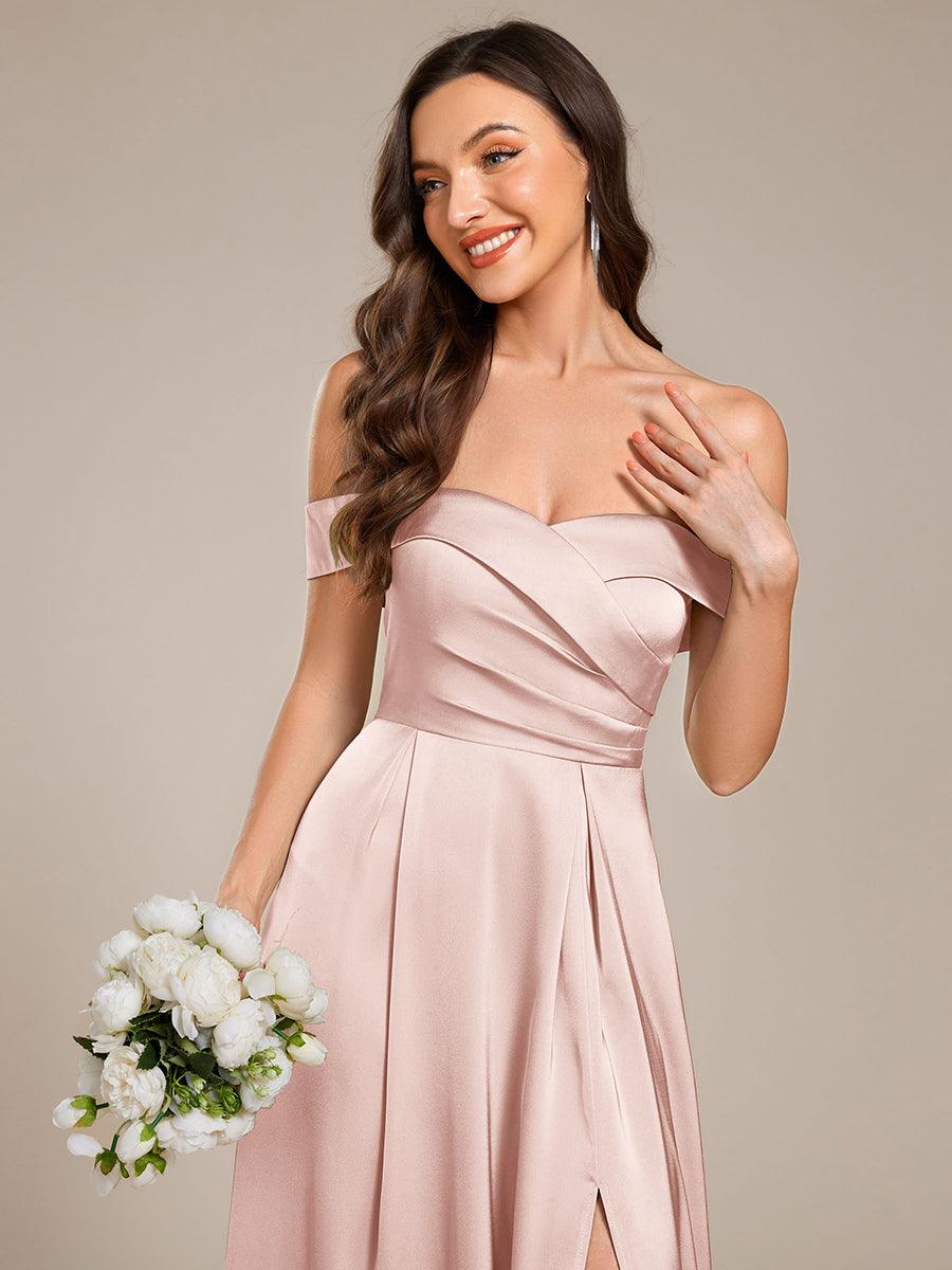 Robe de demoiselle d'honneur en satin à épaules dénudées et à lacets dans le dos #Couleur_Rose