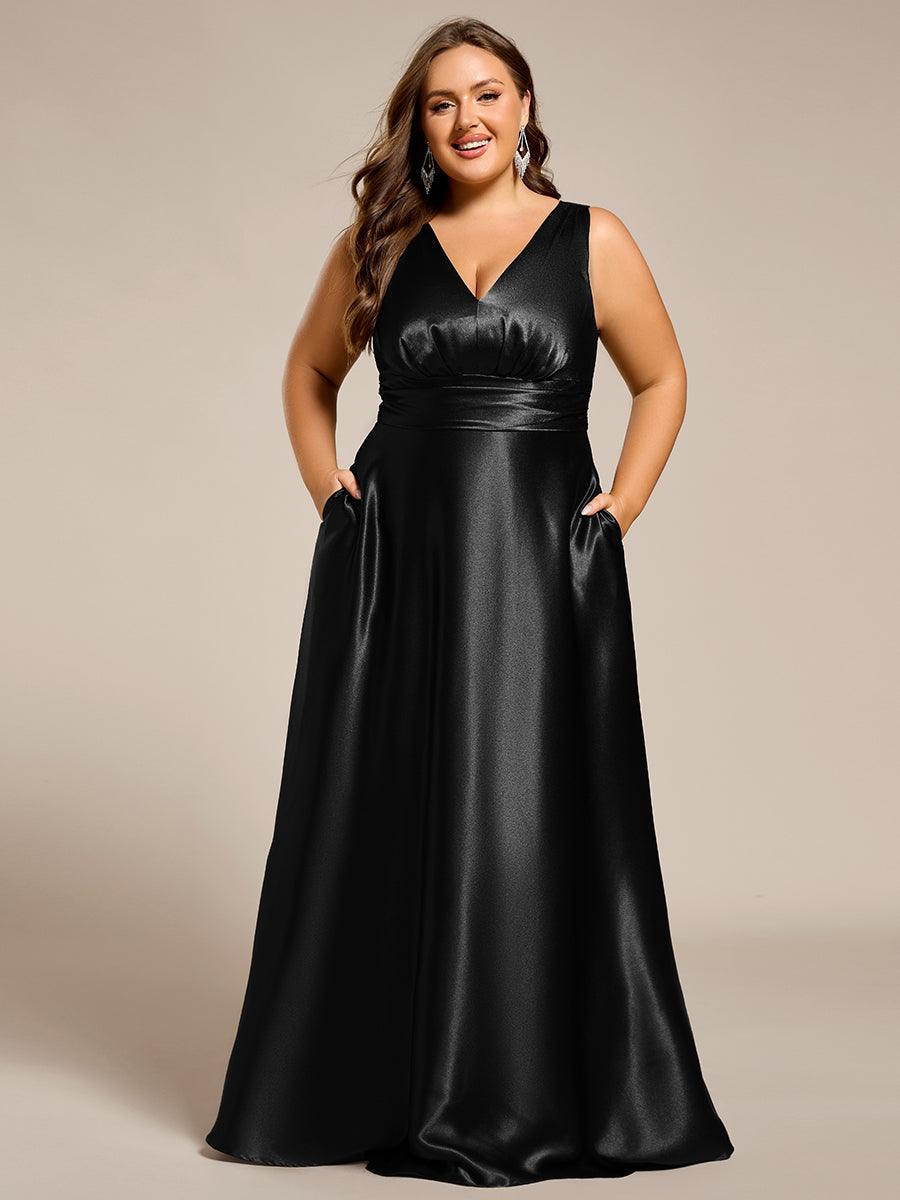 Robe de demoiselle d'honneur fendue en satin sans manches à col en V #Couleur_ #Couleur_Noir