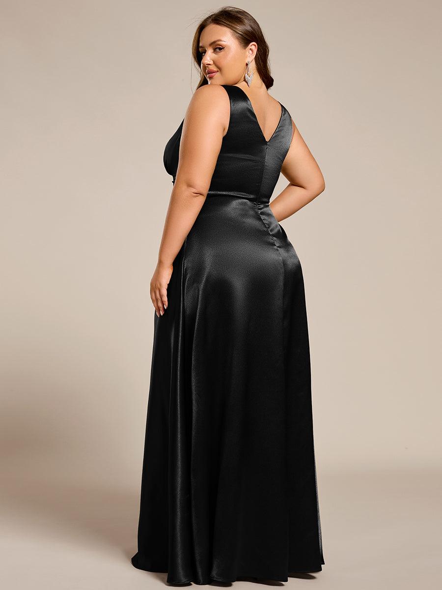 Robe de demoiselle d'honneur fendue en satin sans manches à col en V #Couleur_ #Couleur_Noir