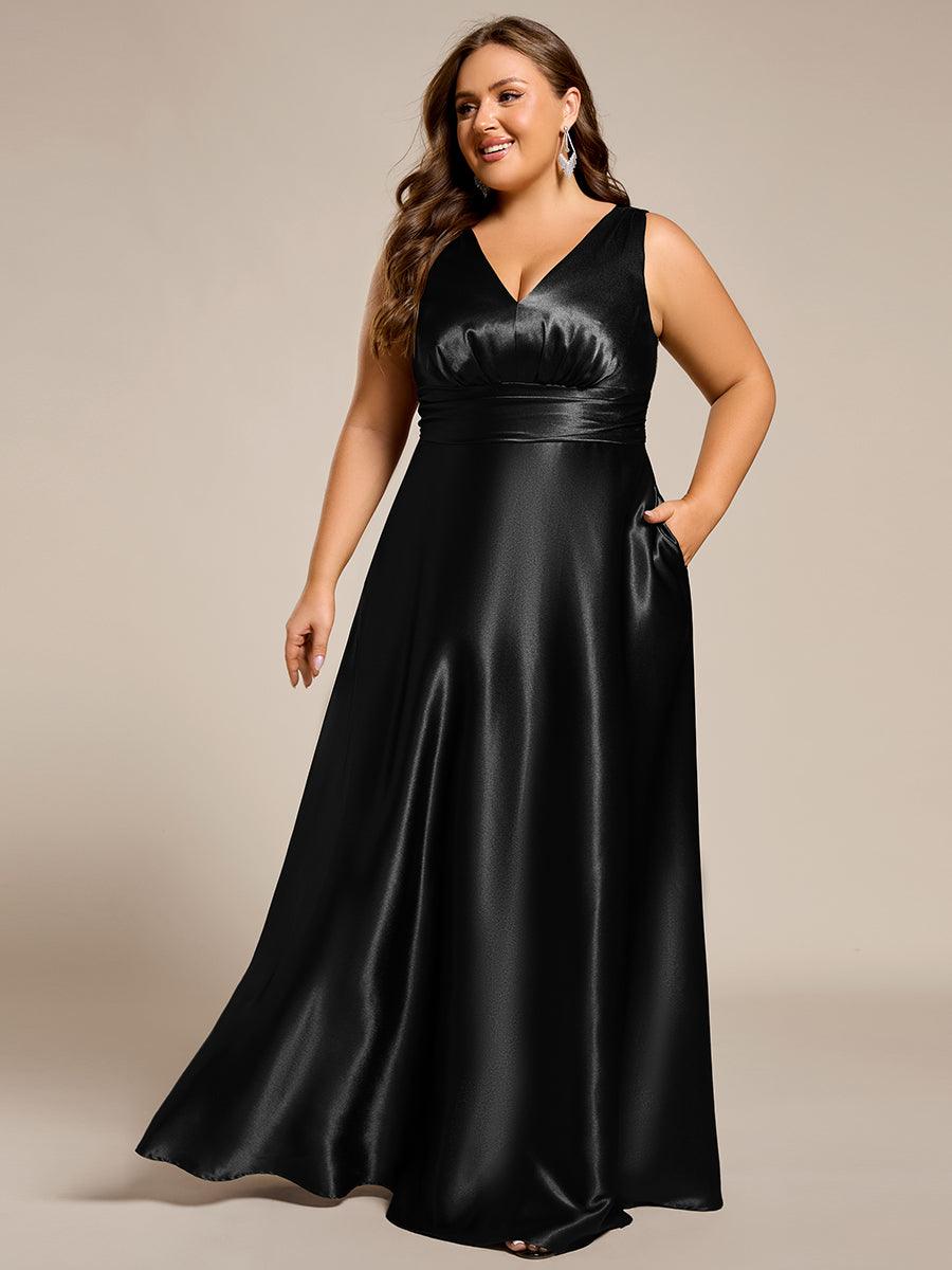 Robe de demoiselle d'honneur fendue en satin sans manches à col en V #Couleur_ #Couleur_Noir