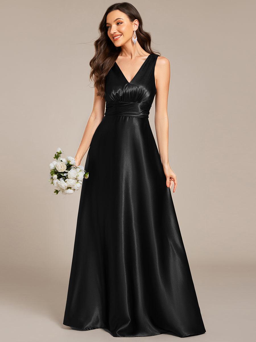 Robe de demoiselle d'honneur fendue en satin sans manches à col en V #Couleur_ #Couleur_Noir