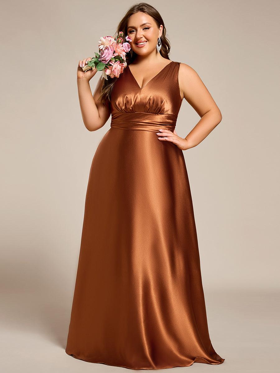 Robe de demoiselle d'honneur fendue en satin sans manches à col en V #Couleur_ #Couleur_Bronze