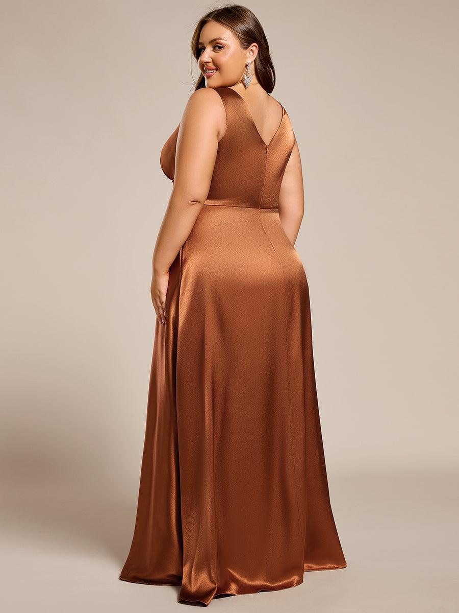 Robe de demoiselle d'honneur fendue en satin sans manches à col en V #Couleur_ #Couleur_Bronze