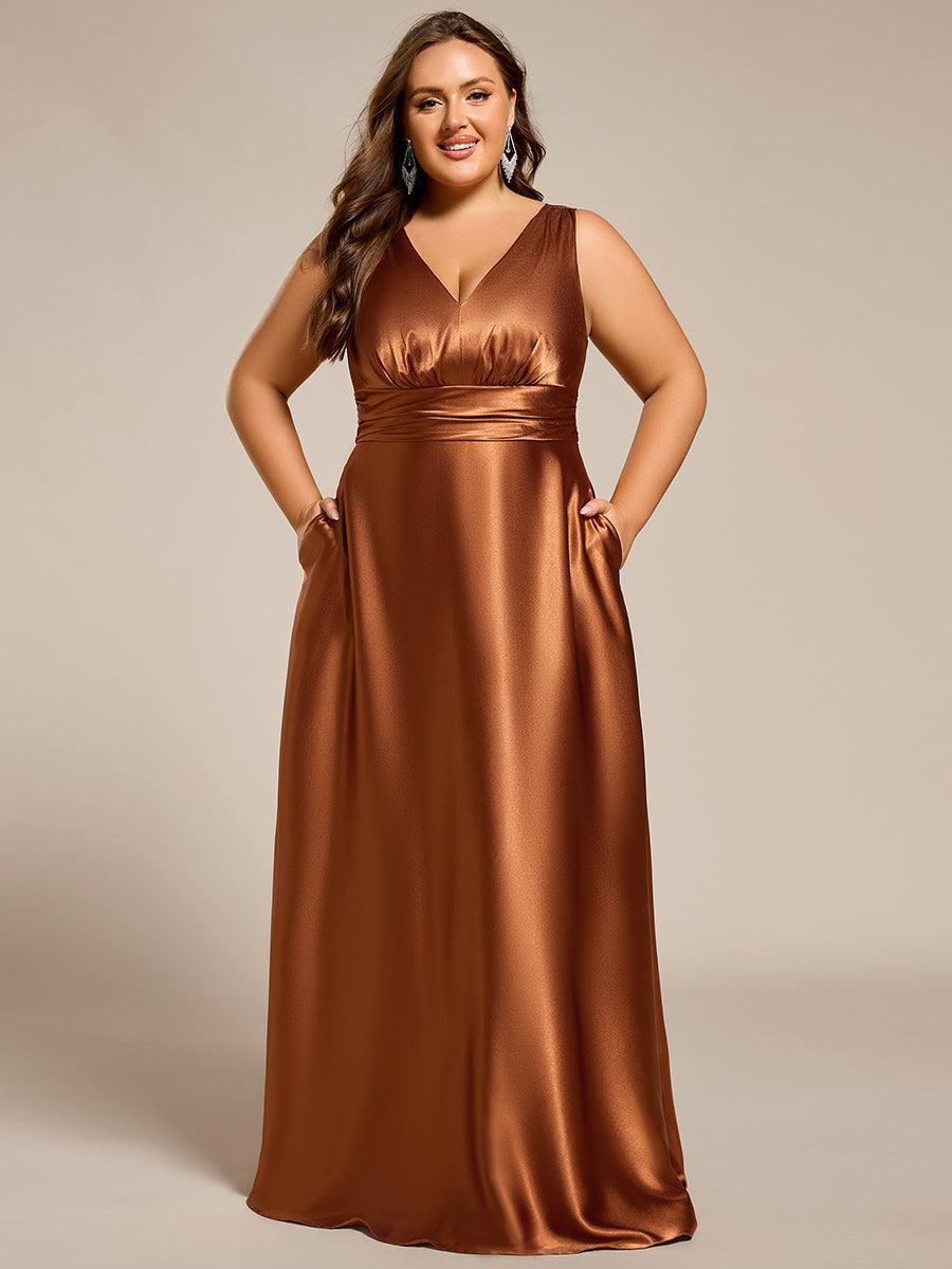 Robe de demoiselle d'honneur fendue en satin sans manches à col en V #Couleur_ #Couleur_Bronze