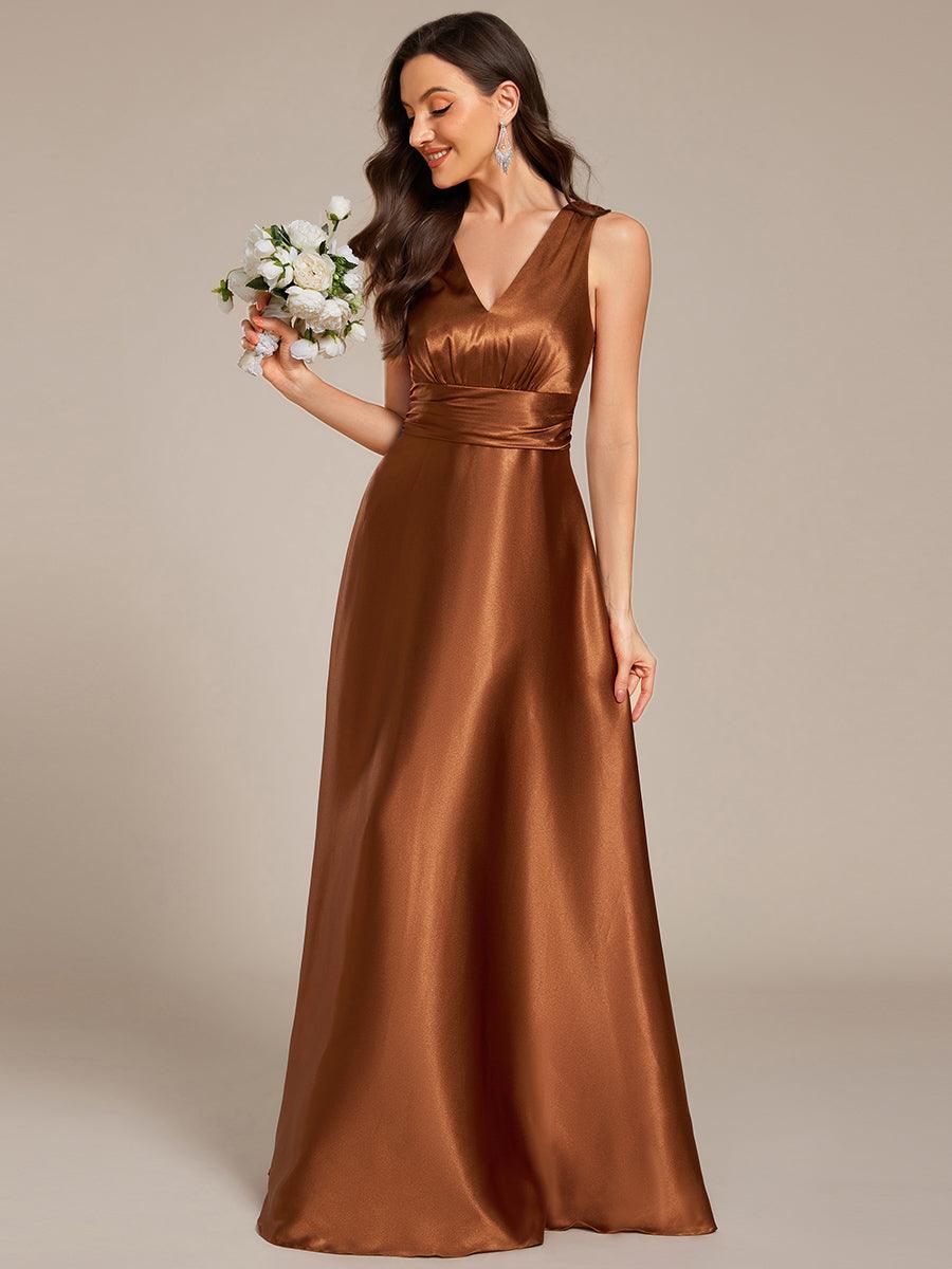 Robe de demoiselle d'honneur fendue en satin sans manches à col en V #Couleur_ #Couleur_Bronze