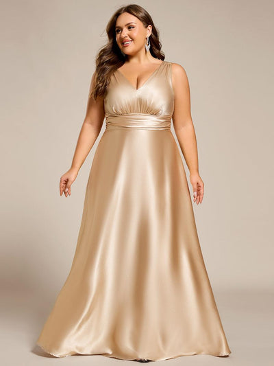 pretty INDY|Grande Taille Robe de demoiselle d'honneur fendue en satin sans manches à col en V