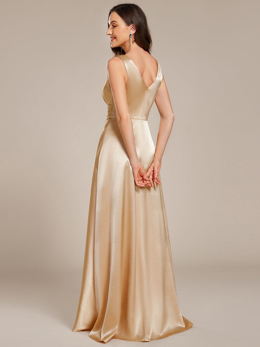 Robe de demoiselle d'honneur fendue en satin sans manches à col en V #Couleur_ #Couleur_Charbon