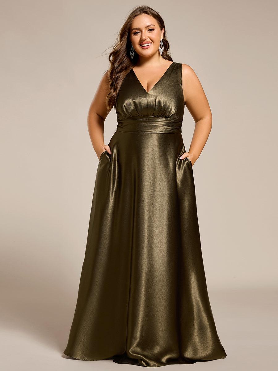 Robe de demoiselle d'honneur fendue en satin sans manches à col en V #Couleur_ #Couleur_Vert Olive
