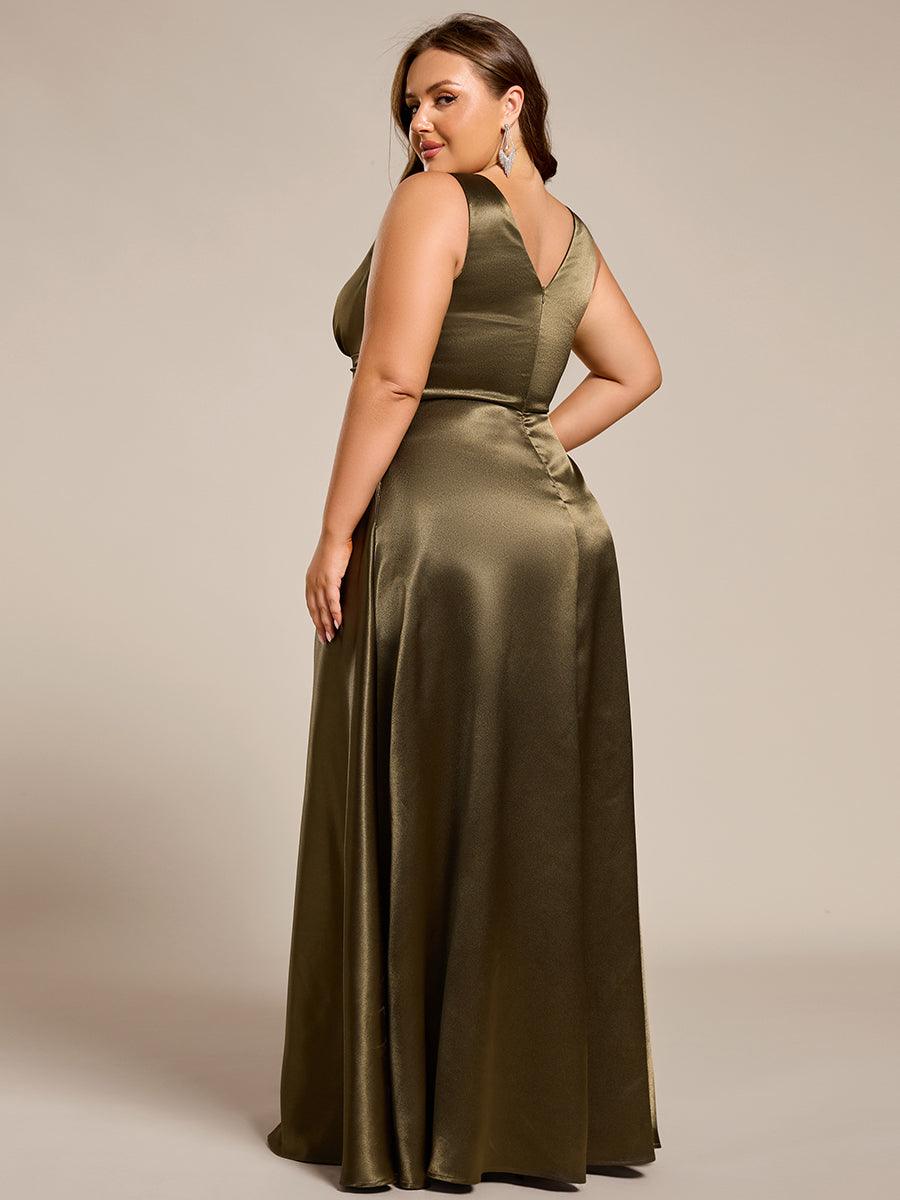 Robe de demoiselle d'honneur fendue en satin sans manches à col en V #Couleur_ #Couleur_Vert Olive