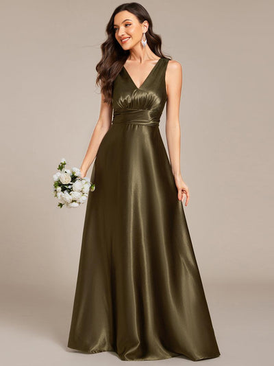 ever INDY|Robe de demoiselle d'honneur fendue en satin sans manches à col en V