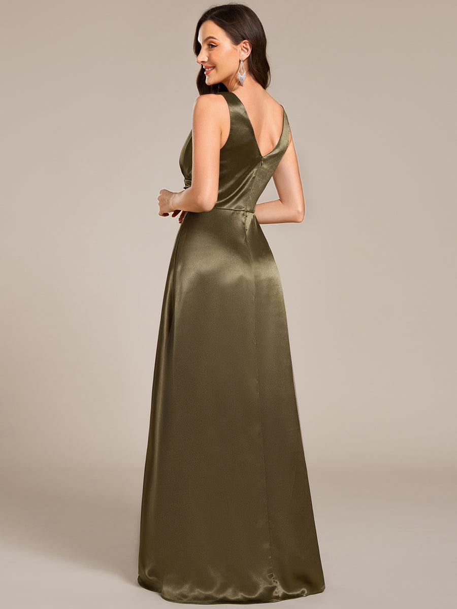 Robe de demoiselle d'honneur fendue en satin sans manches à col en V #Couleur_ #Couleur_Vert Olive