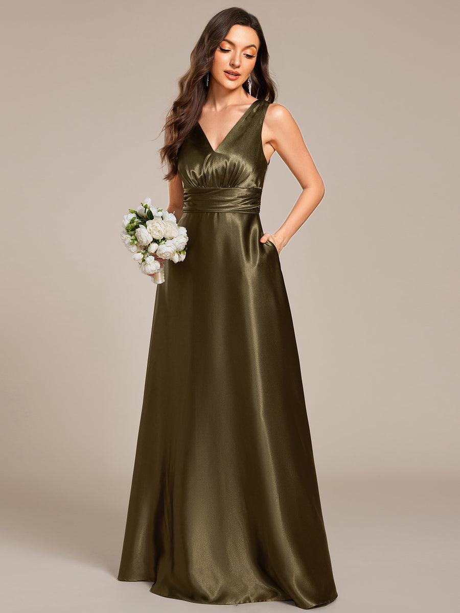 Robe de demoiselle d'honneur fendue en satin sans manches à col en V #Couleur_ #Couleur_Vert Olive