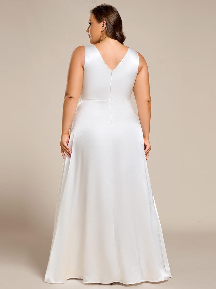 Robe de demoiselle d'honneur fendue en satin sans manches à col en V #Couleur_ #Couleur_Blanc