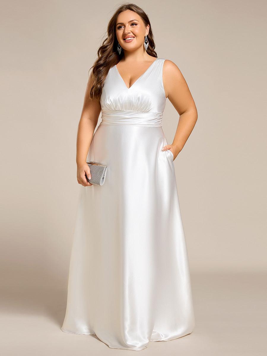 Robe de demoiselle d'honneur fendue en satin sans manches à col en V #Couleur_ #Couleur_Blanc