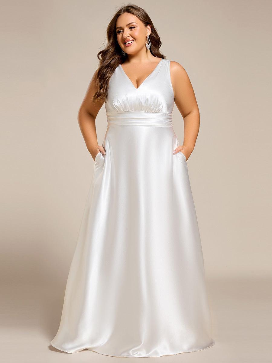 Robe de demoiselle d'honneur fendue en satin sans manches à col en V #Couleur_ #Couleur_Blanc