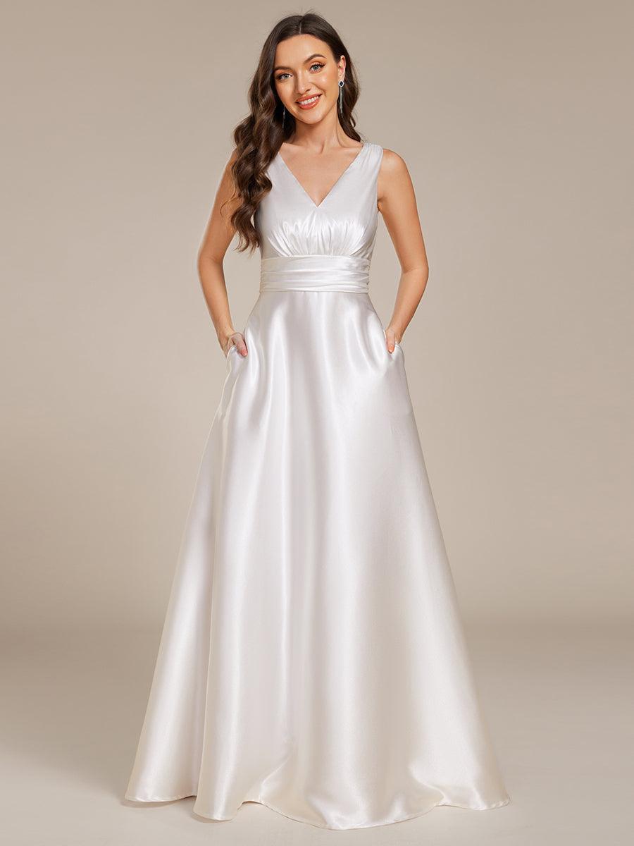 Robe de demoiselle d'honneur fendue en satin sans manches à col en V #Couleur_ #Couleur_Blanc